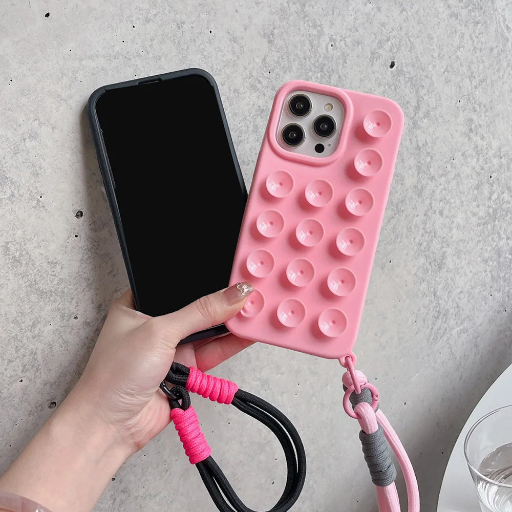 Coque Bonbon à Ventouses – Silicone Antidérapant + Lanière Tressée