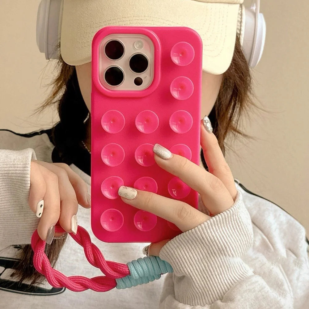 Coque Bonbon à Ventouses – Silicone Antidérapant + Lanière Tressée
