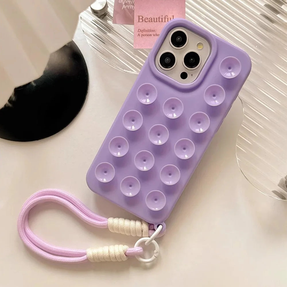 Coque Bonbon à Ventouses – Silicone Antidérapant + Lanière Tressée